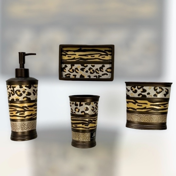 Animal Print Exotic Bathroom Accessory 4 Piece Set Brown Tan Multicolor Gazelle - Picture 1 of 12